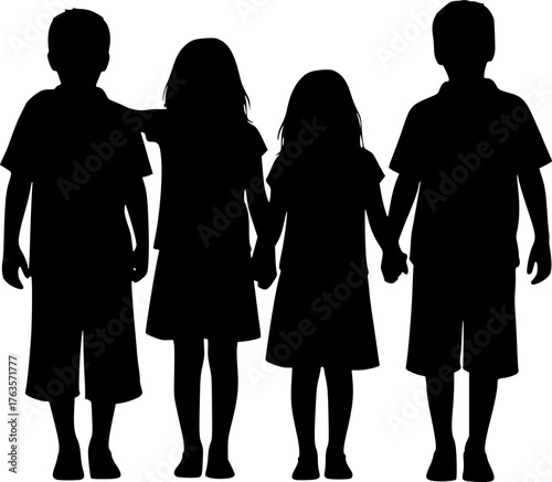4 siblings silhouette. This image shows four siblings standing together in a silhouette style, symbolizing family unity, support, and connection. Vector clipart illustration design
