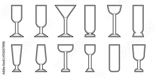 Line art icons with different glasses for bar drinks. Vector drinking design elements for bars, cafes, restaurants and alcohol establishments.