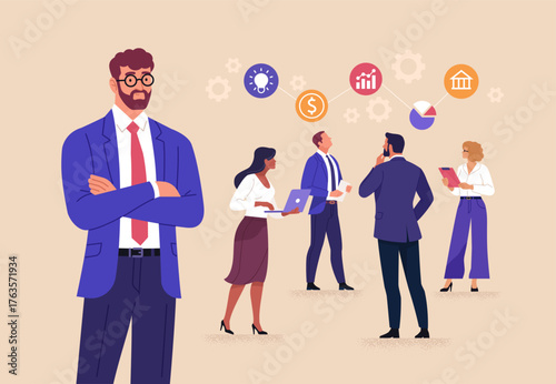 Business Leadership Concept. Vector illustration of a diverse office team discussing ideas, finance, and growth strategy. Teamwork, innovation, and project planning concept.