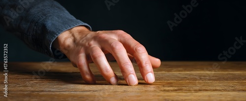 Anxious fingers rhythmically tapping on a polished wooden desk surface.