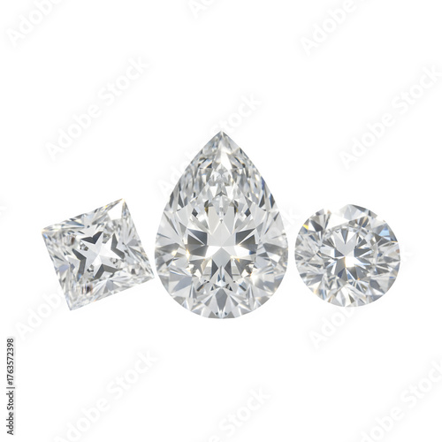 Three brilliant cut diamonds in different shapes including princess pear and round isolated on transparent background