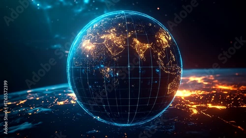 Glowing digital sphere representing planet earth hovering above illuminated cityscape at night