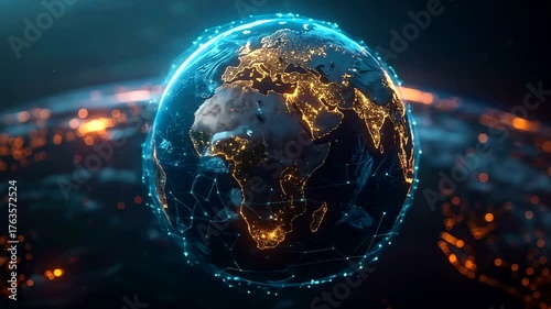 Digital rendering of planet Earth showcasing illuminated continents and interconnected global network overlay