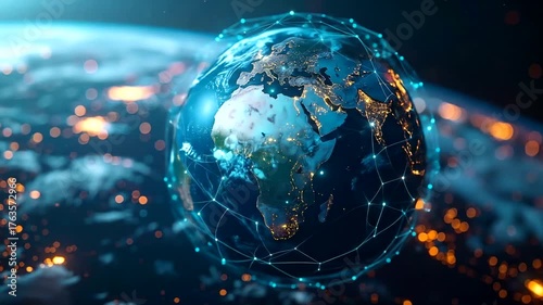 Digital globe illustrating global connectivity and data network infrastructure in space