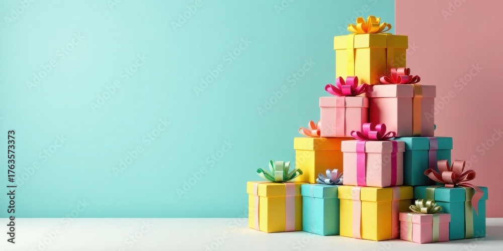 Obraz premium A vibrant stack of festively wrapped presents, arranged in a pyramid shape against a pastel backdrop