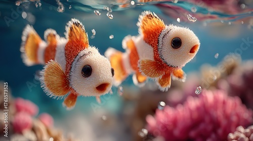 C4D×Blender cute clownfish 3D flat cartoon: solid color blocks & line art, colorful reef, shadow-free kids poster/app sticker ready