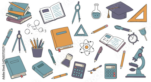 Colorful educational tools and symbols in a flat artistic style for learning…