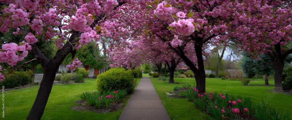 Naklejka premium The blossoming cherry blossom tree path dances like petals in a peaceful japanese garden breeze