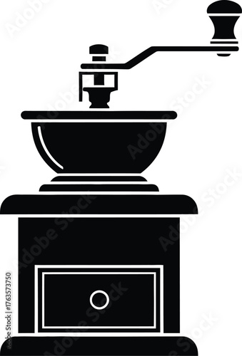 Black Silhouette Icon of Manual Vintage Coffee Grinder Mill with Crank Handle Vector Illustration