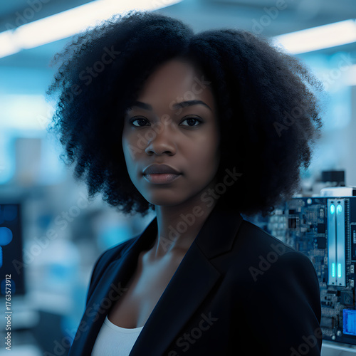 Professional African American businesswoman portrait in modern corporate technology office environment with glowing computer screens
