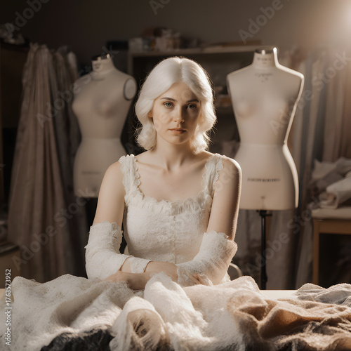 Young blonde fashion designer model wearing elegant white wedding dress surrounded by dress forms in atmospheric couture atelier
