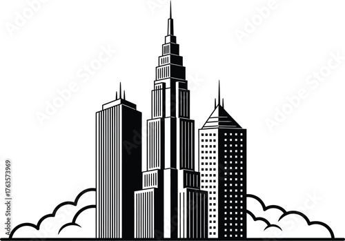 Black and white cityscape with tall buildings and cloud like shapes