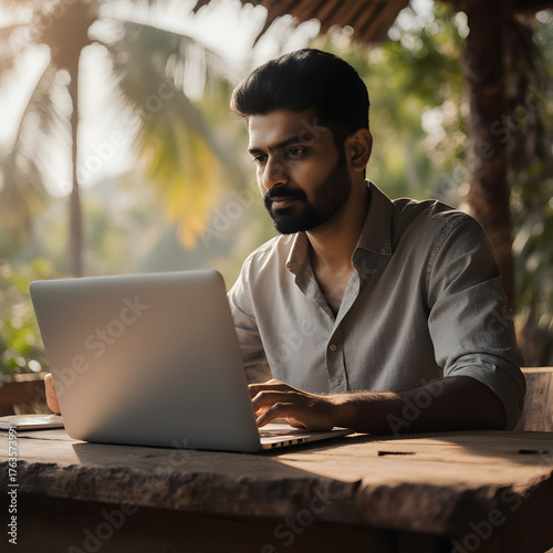 Indian man freelancer working remotely on laptop computer outdoors in peaceful garden setting with dappled natural sunlight
