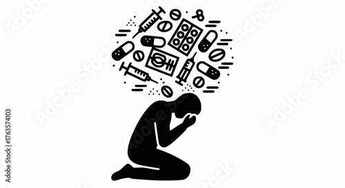 Vector silhouette icon of a person kneeling in despair, overwhelmed by drug and medicine icons. Concept for addiction, mental health crisis, overdose, prescription dependence, or chronic pain.
