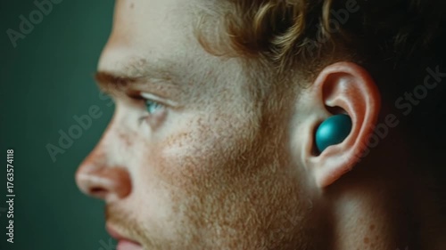 Close-up of a young man with earbuds in focus