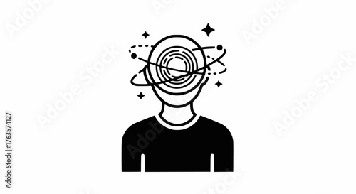 Minimalist vector icon of a dizzy person's head with abstract spinning orbits and stars. Represents vertigo, confusion, mental disorder, derealization, stress, or anxiety attack.