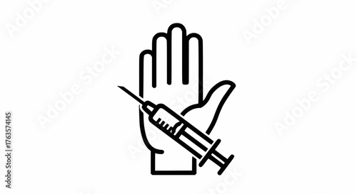 Line art vector icon of an open hand stopping or refusing a syringe. Concept for anti-vaccination, drug refusal, no injection, health opposition, or medical objection