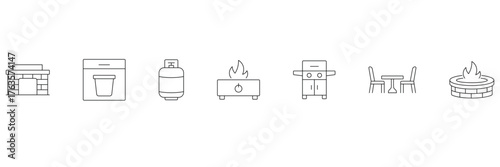 fireplace, ice maker, propane tank, fire table, outdoor grill, patio dining, fire pit icon vector illustration