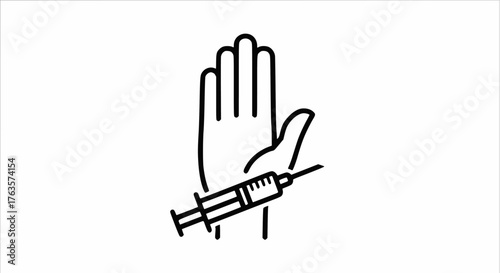 Minimalist line art vector icon of a hand receiving an injection with a syringe on the inner wrist. Drug addiction, vaccine, medical treatment, or suicide attempt concept