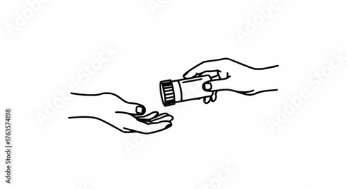 Hand giving a single pill from a container to another hand: Dosage and medication line art.