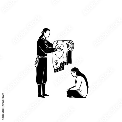 Elder Presenting Symbolic Patterned Tapestry to Listener in Cultural Learning Scene Illustration

