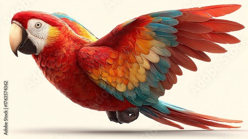Ultra-sharp PNG macaw mid-flight, wings fully spread on white, every barb visible, left copy space for poster/invite/e-hero
