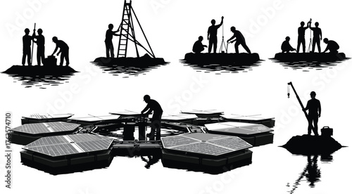 Silhouette vector illustration of workers installing floating solar panels on water platforms with tools, teamwork, renewable energy, maintenance, construction, and industry