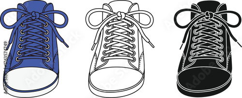 Three shoe illustrations in color outline and monochrome variations