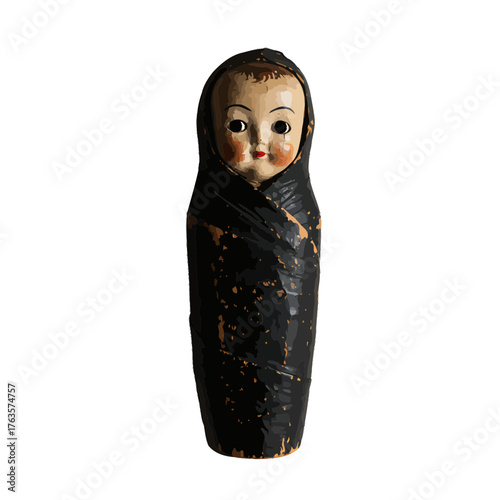 Aged Vintage Doll Wrapped and Worn Figurine Illustration with Antique and Rustic Character Appeal

