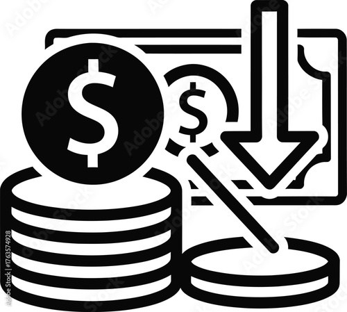 Financial Decrease and Loss Icon Vector Illustration of Falling Dollar Money and Coins with Down Arrow