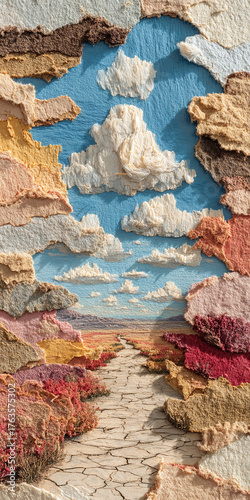 Textured and vibrant landscape with a winding path leading towards a sky filled with fluffy white clouds and a unique artistic composition