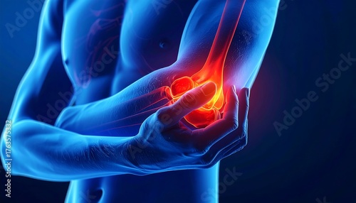 Anatomical 3D illustration of a human elbow experiencing pain. Glowing red highlights the joint in a blue-toned body