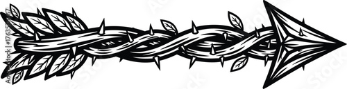 Stylized Thorny Vine Arrow Icon Black and White Tattoo Design with Leaves and Spikes