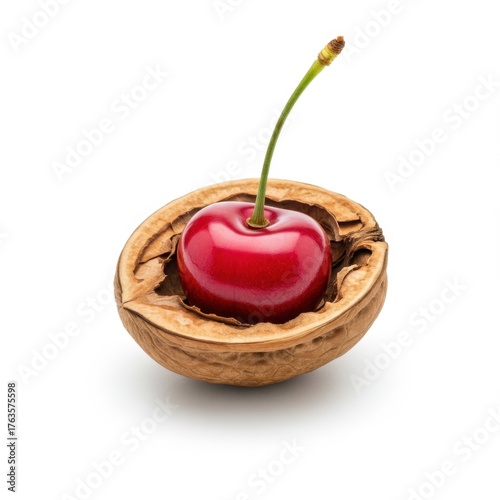 Red cherry inside walnut shell on white background