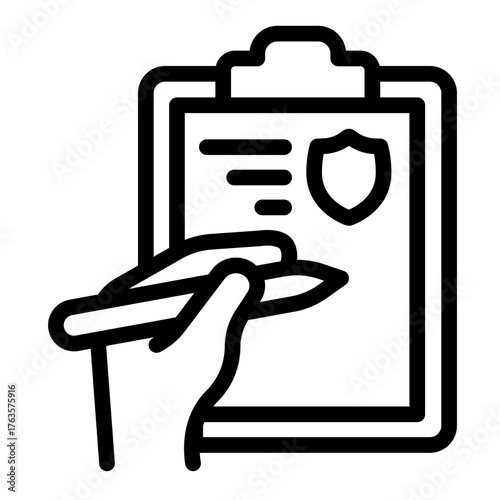 Signing of fine document line icon, driver license concept. Vector graphics. Document paper with safety emblem and hand sign on white background, style icon mobile or web design.