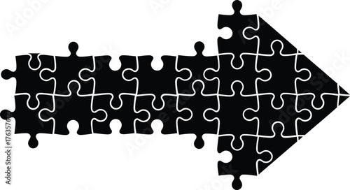Puzzle pieces forming an arrow icon Black and white vector symbol for solution progress direction and guidance