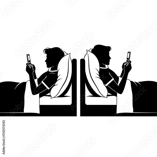 Silhouette of Disconnected Couple at Night Using Smartphones in Bed Depicting Digital Divide in Relationships

