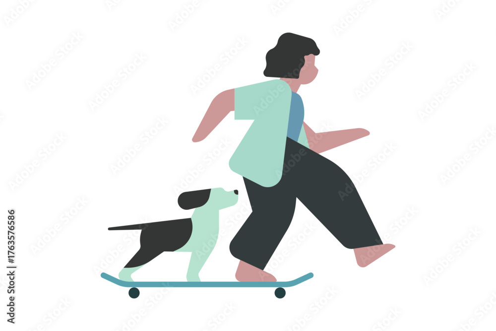Obraz premium Person skateboarding with dog, representing friendship, fun, and active modern lifestyle in minimal flat style.