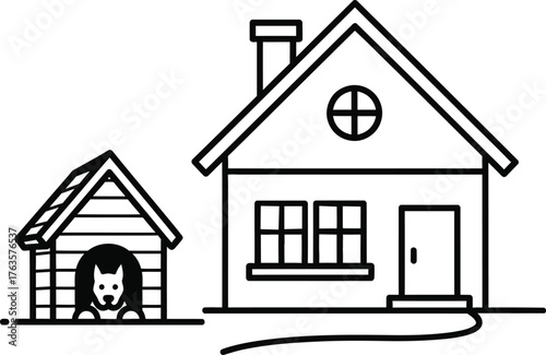 Family house and dog in kennel line art icon Home property ownership and pet companion vector illustration