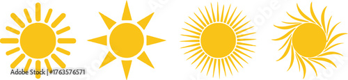 Four yellow sun icons with different ray styles on a white background