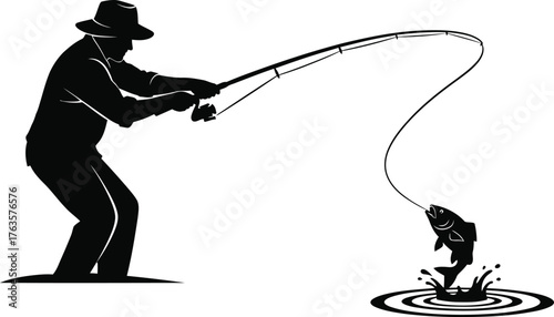 Fisherman Reeling in a Catch Silhouette Vector Illustration