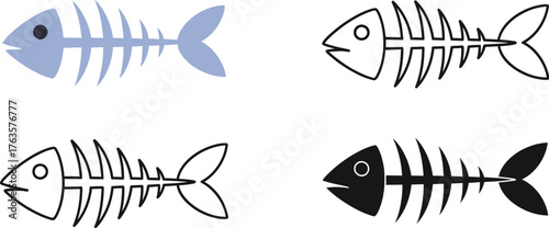 Four fish bone illustrations in color and black and white variations