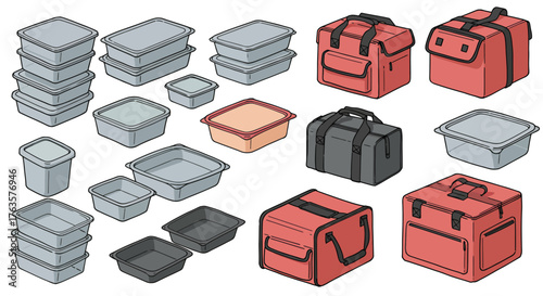 Reusable storage containers and insulated bags in isometric design