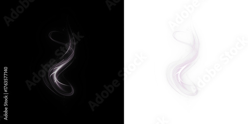 Abstract swirl design in contrasting black and white backgrounds, showcasing fluid motion and ethereal light trails, perfect for creative projects and digital overlays with copy space