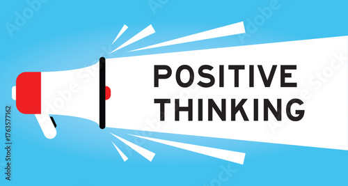 Color megaphone icon with word positive thinking in white banner on blue background