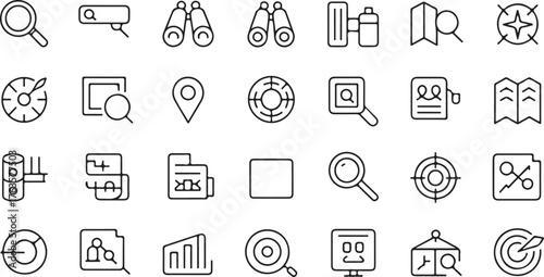 Collection of black outline icons representing search, navigation, and data analysis search magnifying glass icon