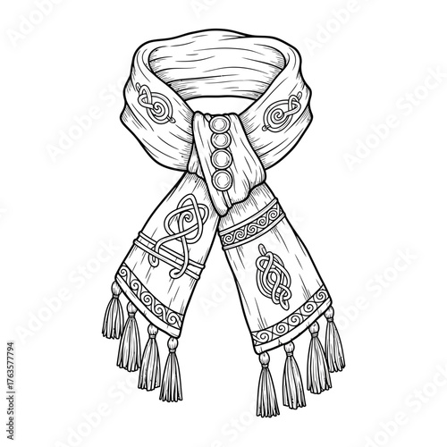 Hand Drawn Winter Scarf Illustration – Cozy Woolen Neckwear with Tassels and Decorative Embroidery Design

