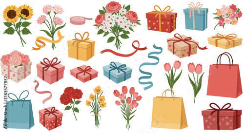 Colorful floral bouquets and gift boxes with ribbons and shopping bags