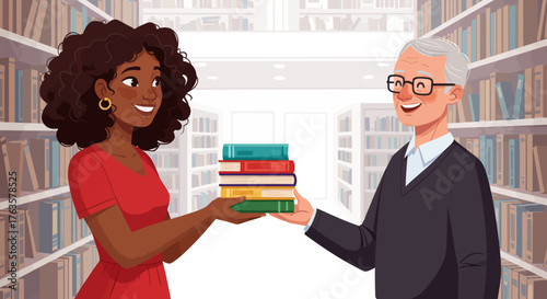 Diverse characters sharing knowledge in a bright library environment