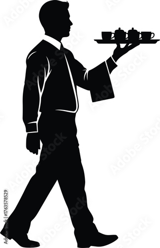 Elegant Waiter or Steward Walking with Beverage Tray Black Vector Icon